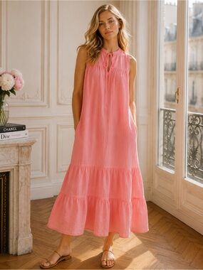 STARK X  tiered cotton gauze  pink coral  maxi sleeveless dress size S